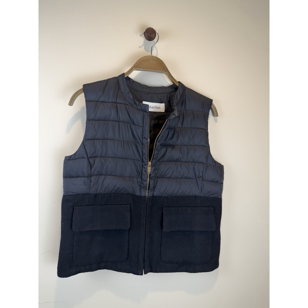 Calvin Klein Black Puffer Wool Blend Full Zip Vest Flap Pockets Women's Size S - Picture 3 of 10